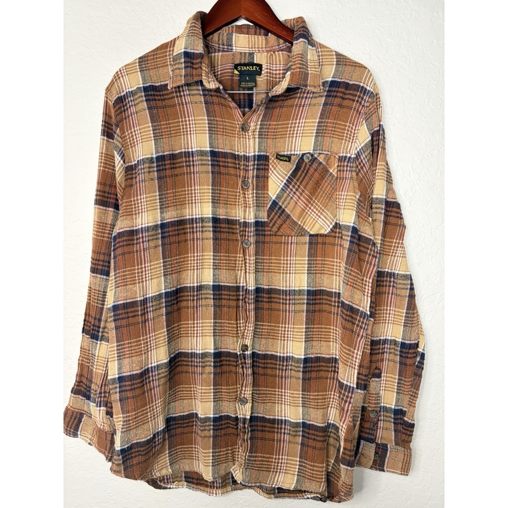 Vtg Stanley Plaid Workwear Shirt Mens Size Large Brown Long Sleeve Button Front - Picture 1 of 7